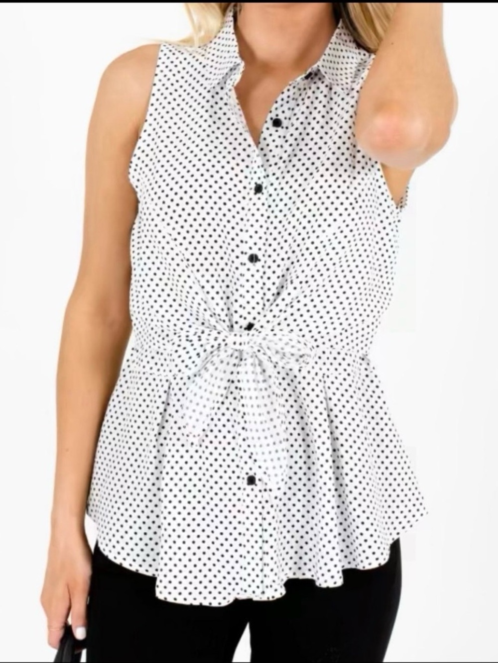 Dreamers White Polka Dot Sleeveless Tie-Front Blouse